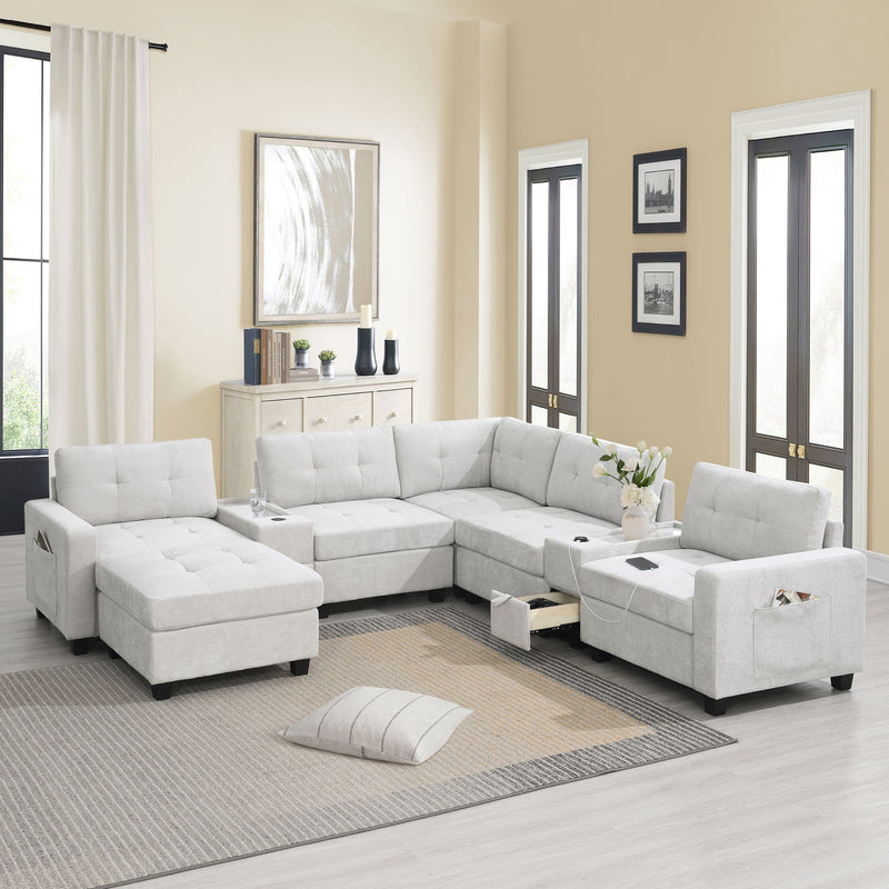 Sectional With Acrylic Table Top U Shaped Couch Set With 2 Consoles USB Charger, Storage Drawers And Pockets Movable Ottoman Tufted Sofa