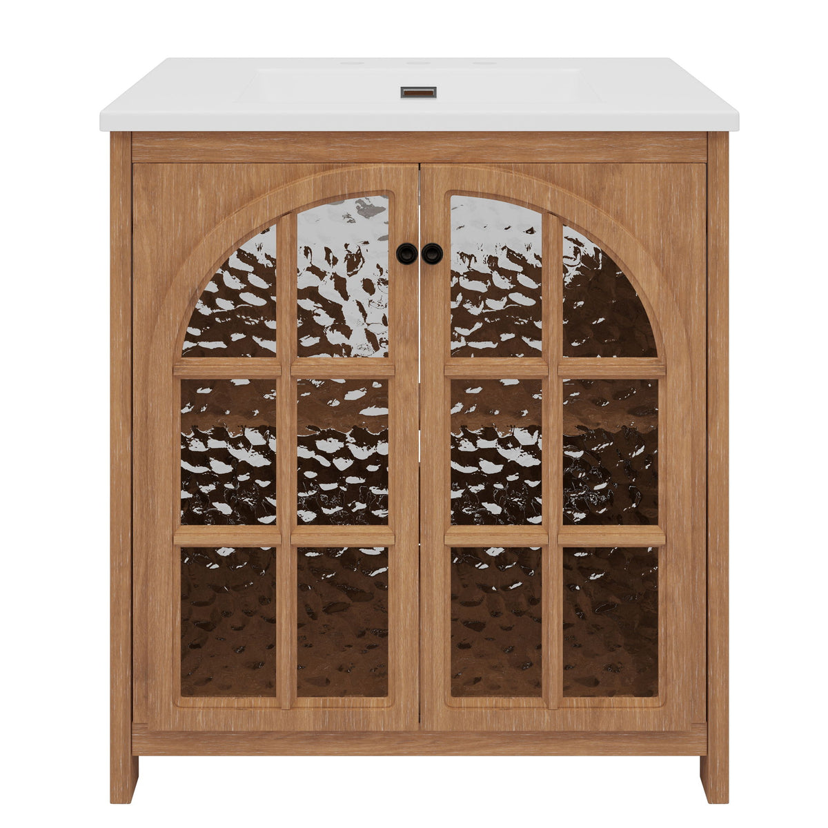 Brown farmhouse bathroom vanity with ceramic sink and arched glass-paneled doors