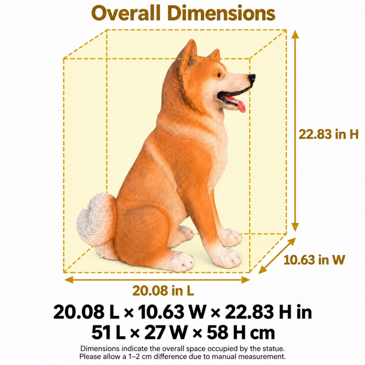 Seated Shiba Inu statue in side view, measuring 20.08 by 10.63 by 22.83 inches