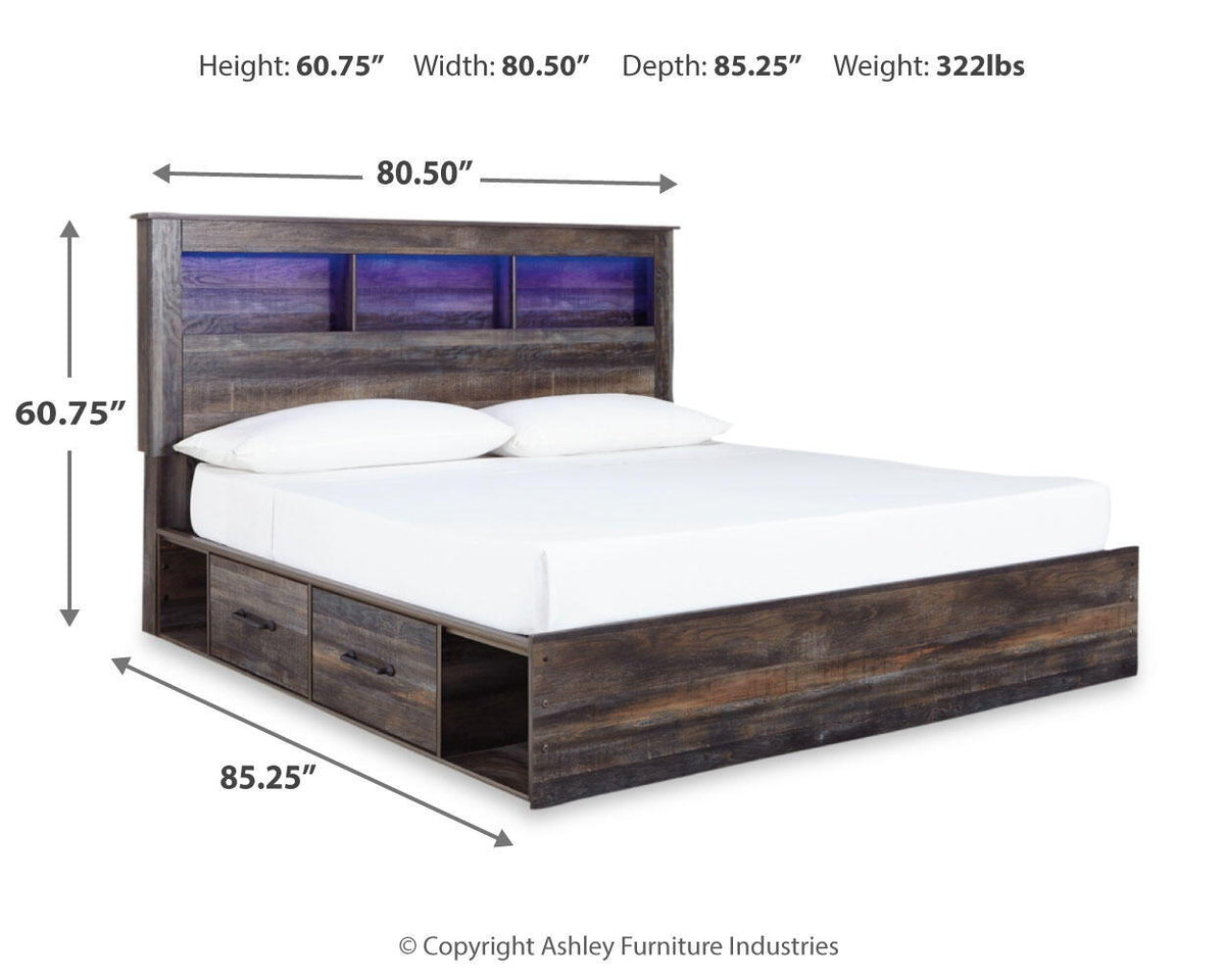Panel bookcase bed with dark wood finish, open shelf headboard, and two front drawers