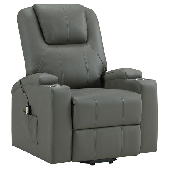 Dark gray massage recliner with heat and dual cupholders; power lift design.