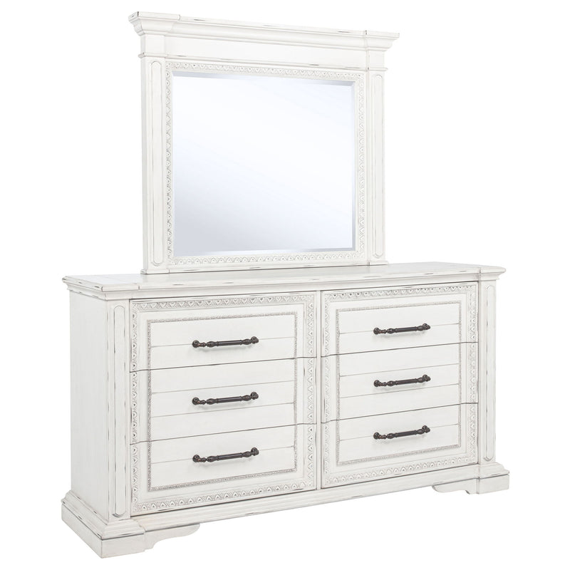 Vintage white dresser with top mirror and six drawers, each with dark metal knobs