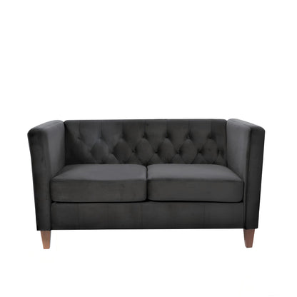 Dark gray button-tufted 2-seat loveseat with square arms and tapered wooden legs
