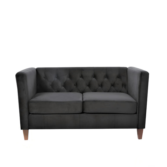 Dark gray button-tufted 2-seat loveseat with square arms and tapered wooden legs