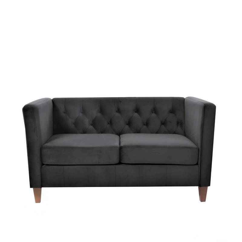 Dark gray button-tufted 2-seat loveseat with square arms and tapered wooden legs