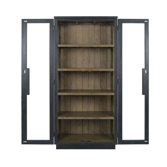 Larson tall cabinet with doors fully open, revealing multiple wooden shelves in black frame.