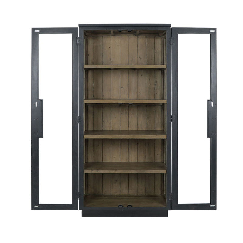 Larson tall cabinet with doors fully open, revealing multiple wooden shelves in black frame.