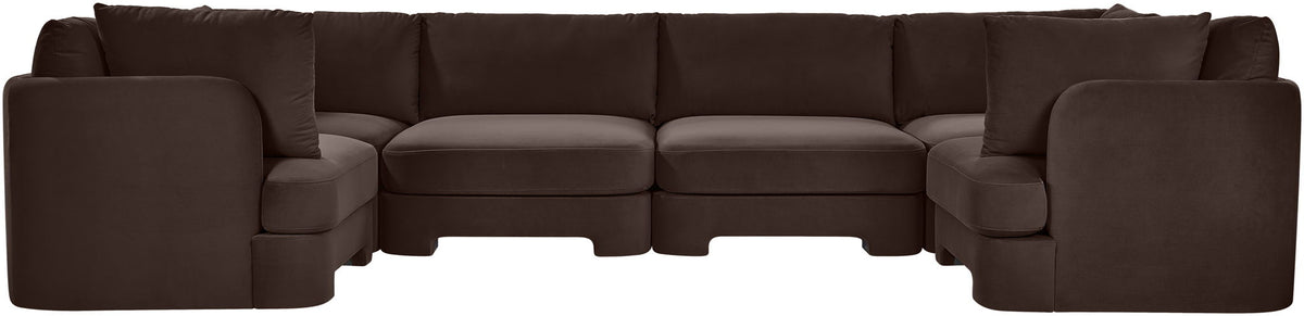 Dark brown velvet U-shaped sectional sofa with cushioned arms and backrest