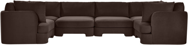 Dark brown velvet U-shaped sectional sofa with cushioned arms and backrest