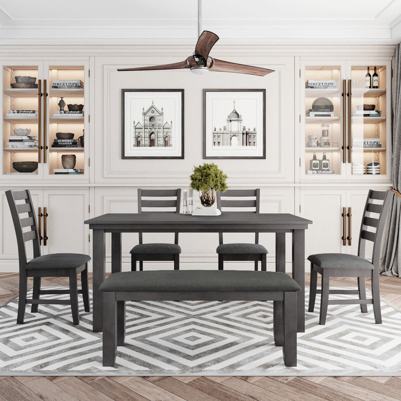 Dining Set For 6, Upholstered Chairs, Includes Table, 4 Chairs, And 2 Person Bench - Gray