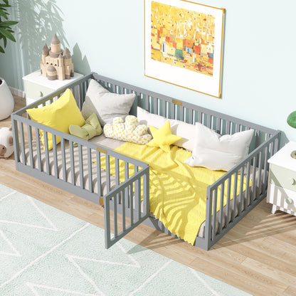 Twin Size Floor Bed with High Fence Railings, with Door, Rubber Wood Floor Bed with Safety Guardrails, Grey