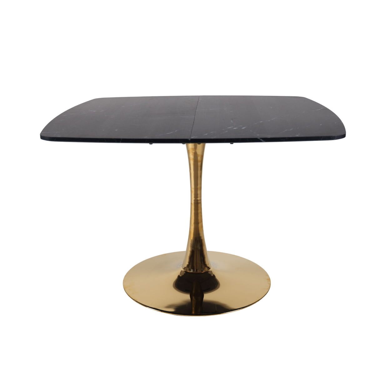 Dark round-edged square dining table with gold pedestal base