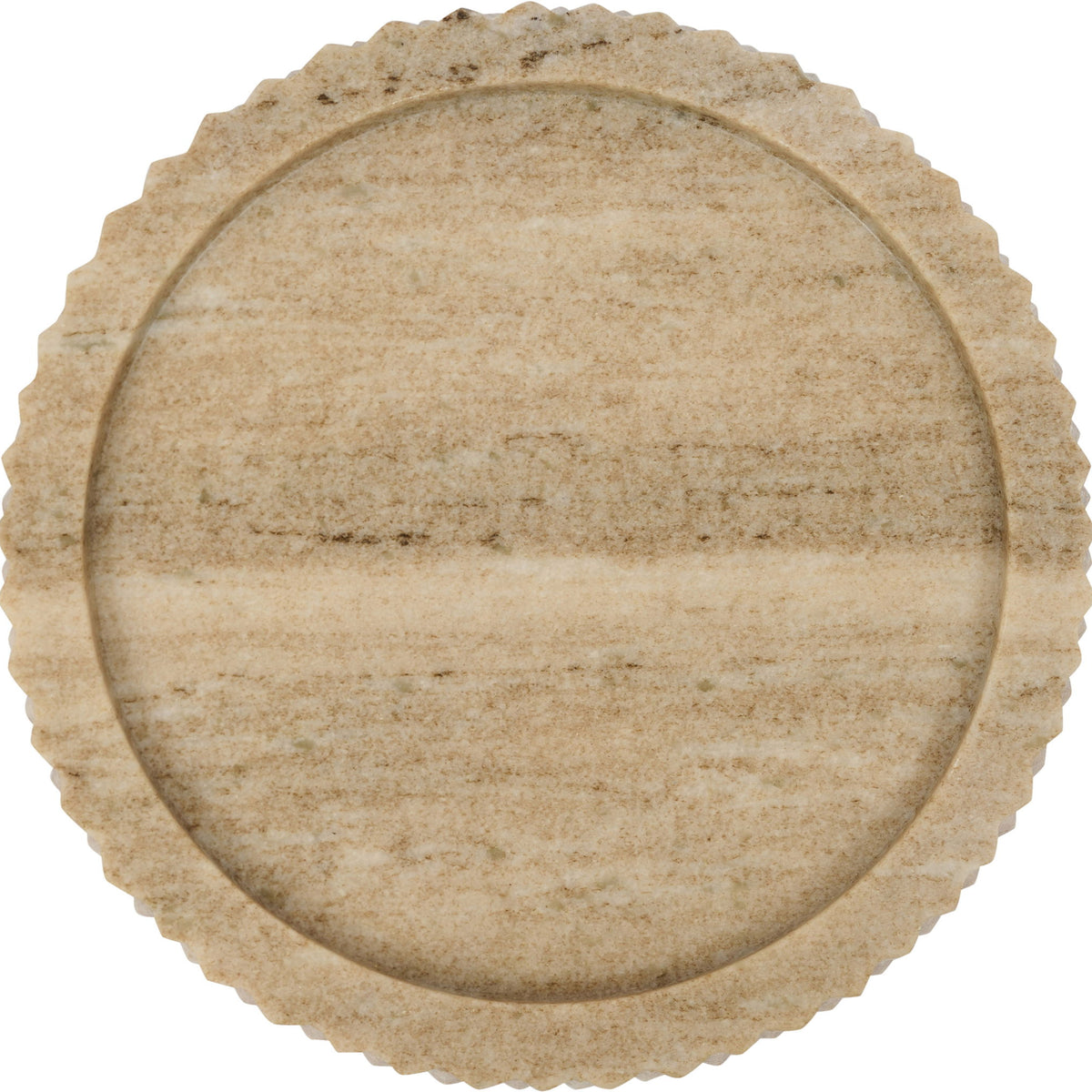 Close-up of round beige genuine marble tray with textured scalloped edge