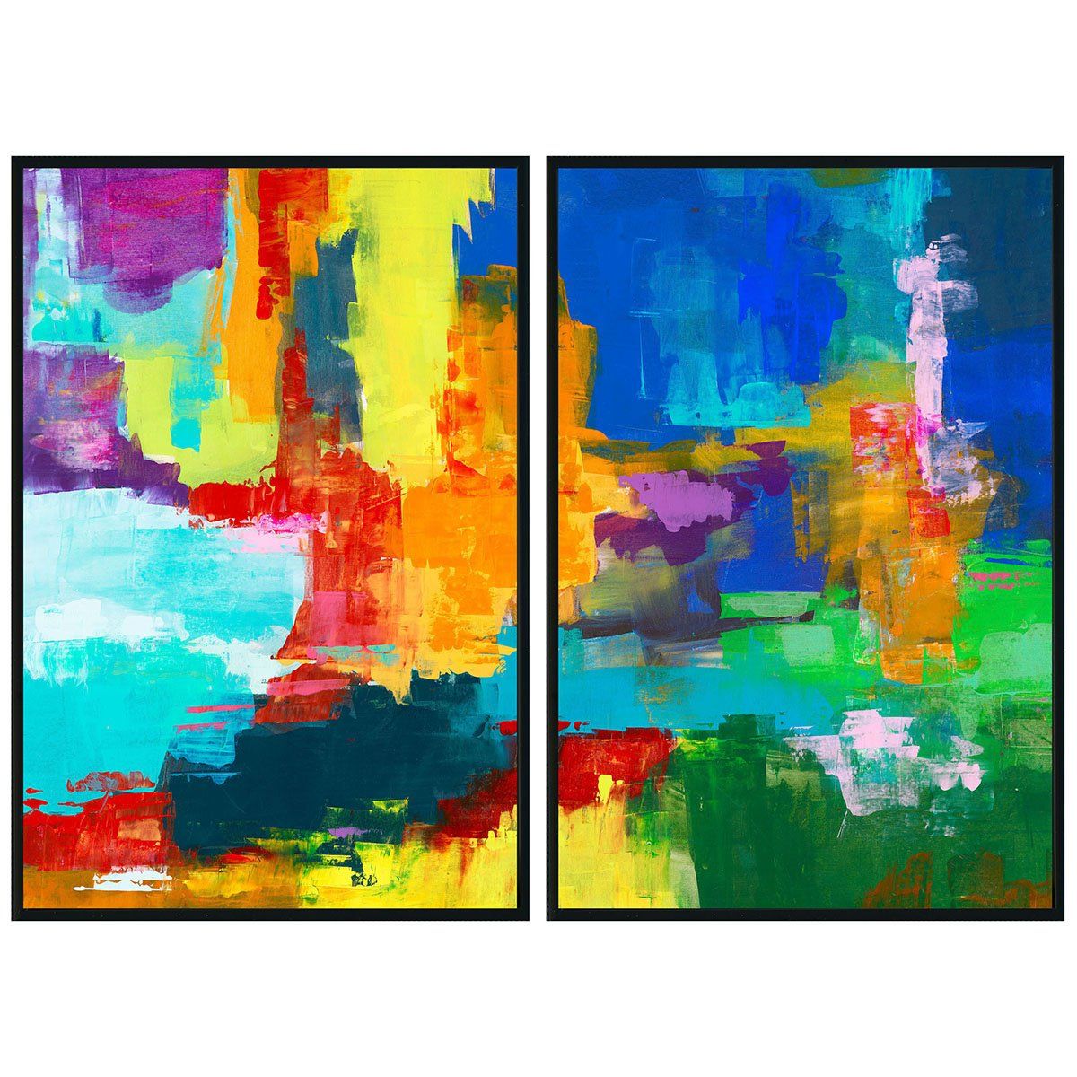 Two framed abstract seascape paintings, black frames, colorful blue, yellow, red, and green.