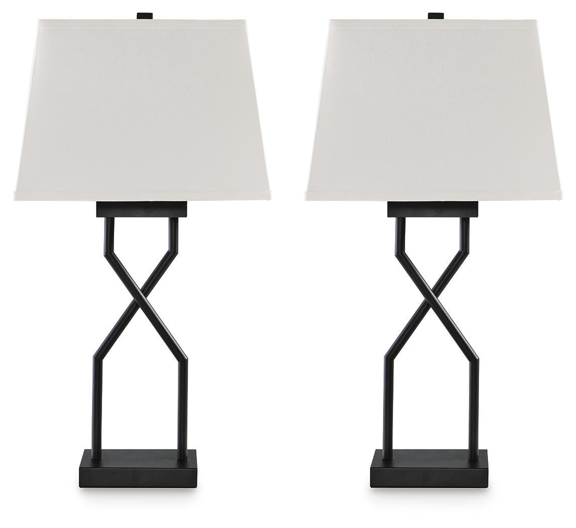 Set of 2 black metal table lamps with white fabric shades and X bases