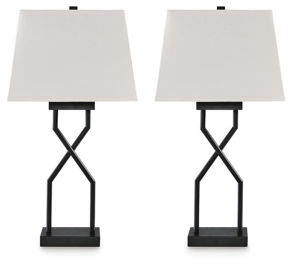 Set of 2 black metal table lamps with white fabric shades and X bases