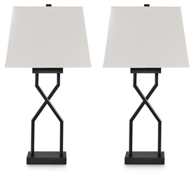 Set of 2 black metal table lamps with white fabric shades and X bases
