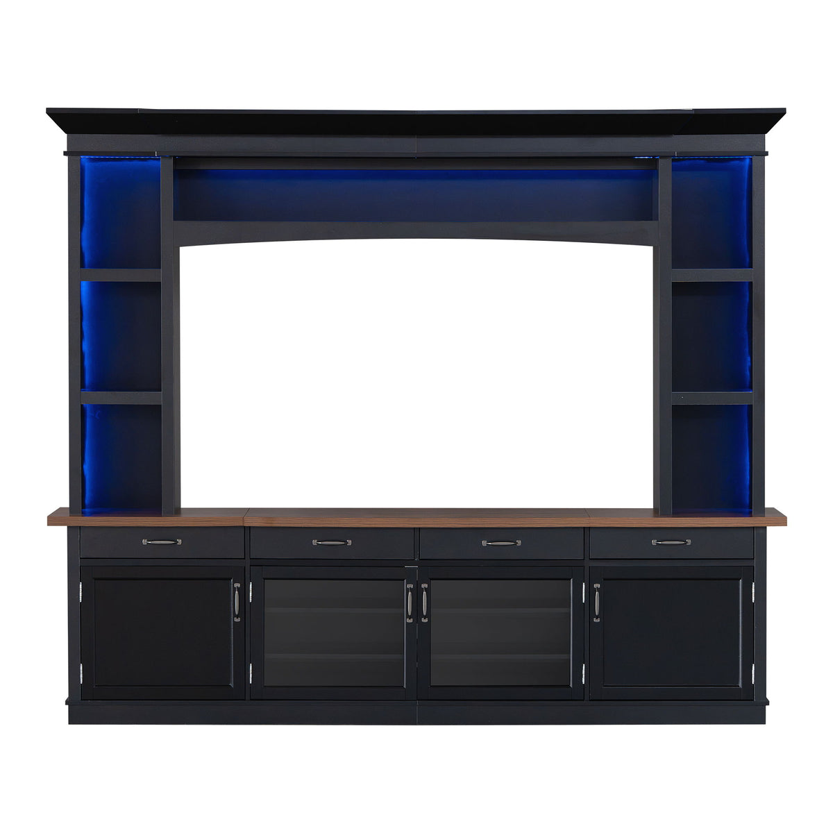 Black extra-long TV stand with open center shelf, cabinet doors, and blue LED light strips