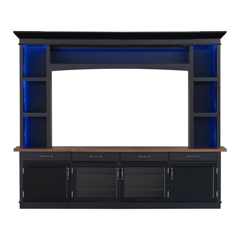 Black extra-long TV stand with open center shelf, cabinet doors, and blue LED light strips