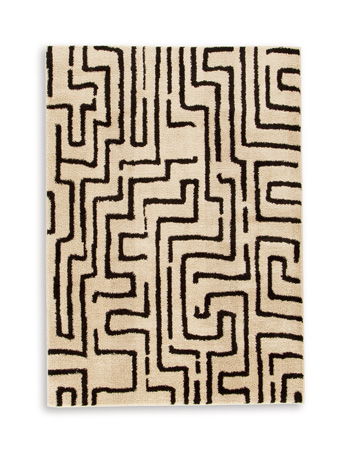 Beige washable rug with bold dark geometric maze pattern