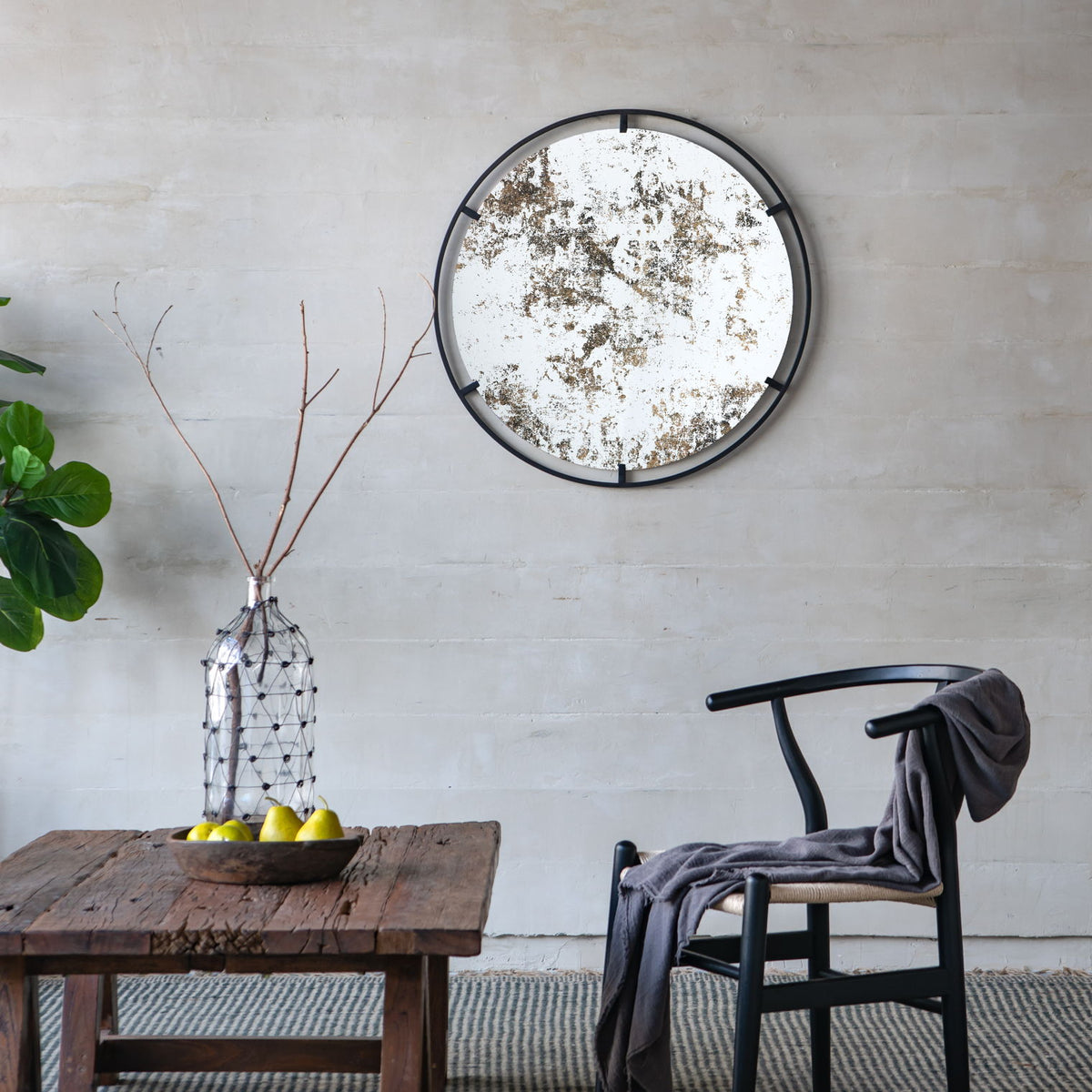 Theodor - Mirror With Industrial Design Round Mirror With Metal Frame For Wall Decor & Entryway Console Lean Against Wall - Black