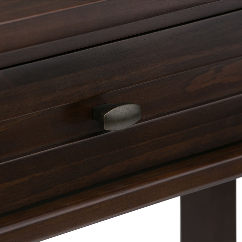 Tobacco brown wooden desk drawer with metal pull handle