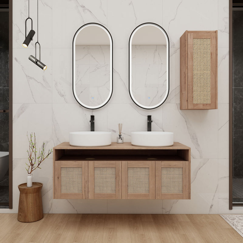 Floating bathroom vanity with dual white vessel sinks and side cabinet, wood-tone rattan-front doors