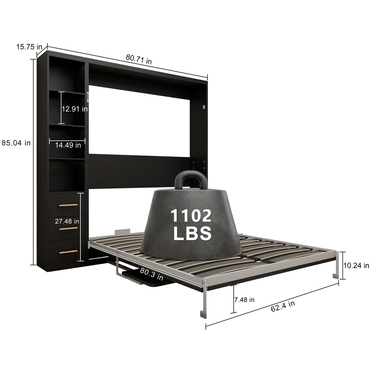 Vertical Murphy wall bed with storage cabinet, open frame, 1102 LBS, side dimensions