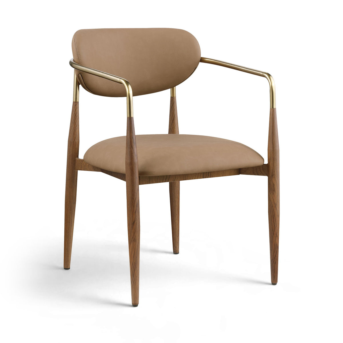 Brown upholstered dining arm chair with gold frame details and walnut legs