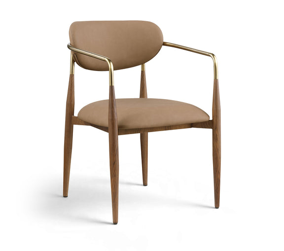 Brown upholstered dining arm chair with gold frame details and walnut legs
