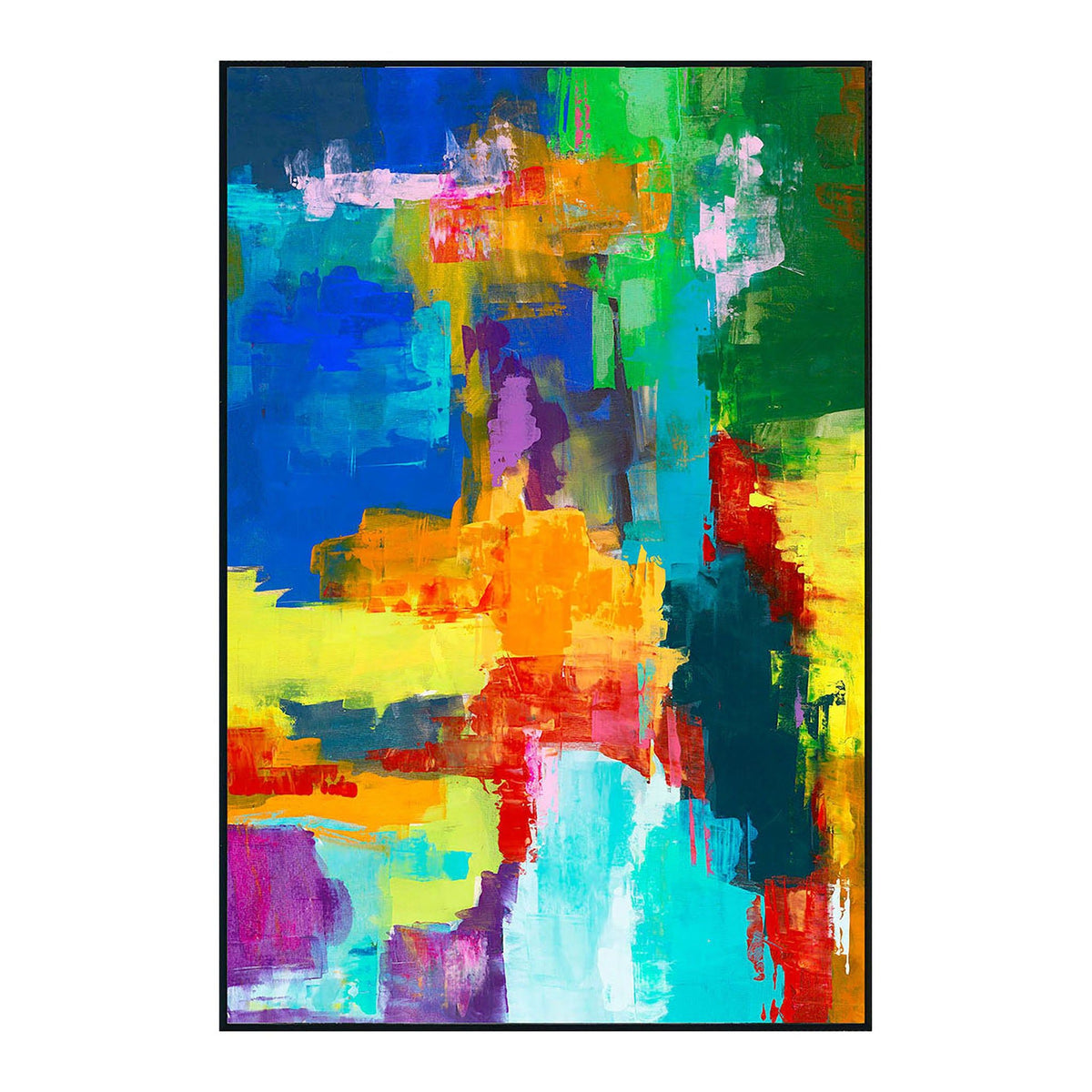 Framed abstract seascape painting with blue, green, yellow, and red brushwork in black frame