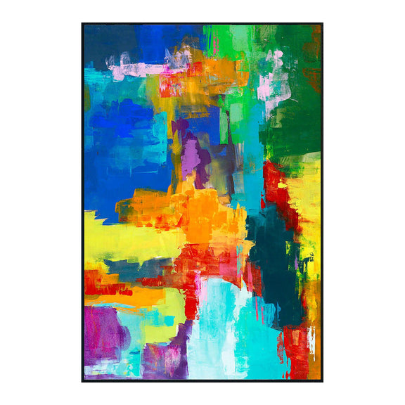 Framed abstract seascape painting with blue, green, yellow, and red brushwork in black frame