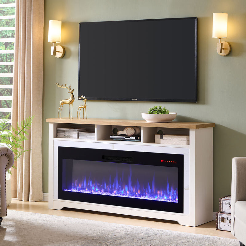 White TV stand with electric fireplace and open shelves, glass flame panel, for up to 70-inch TV