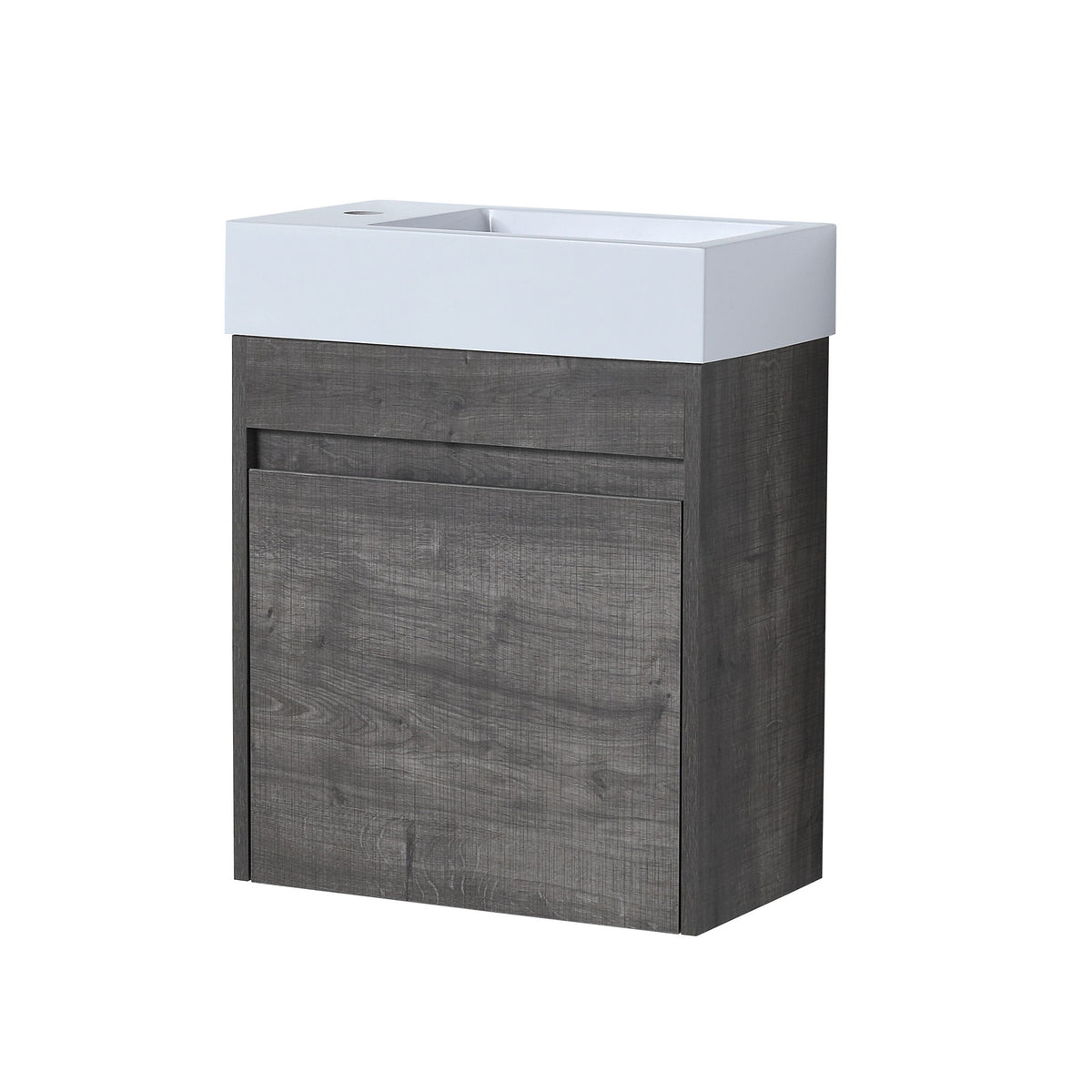 Floating bathroom vanity with soft-close cabinet door, dark gray wood-look front