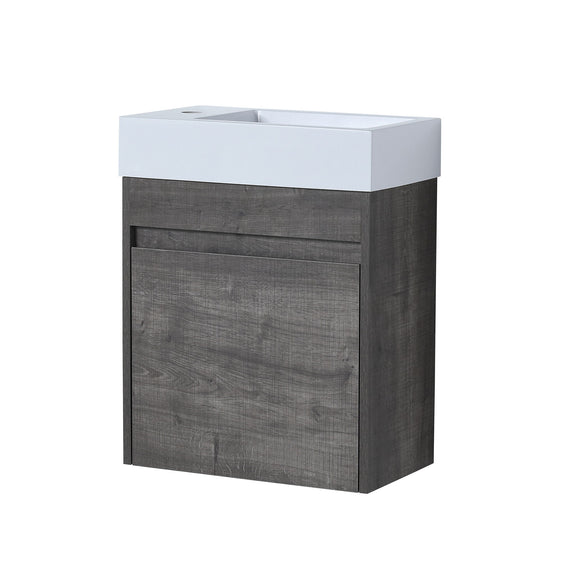 Floating bathroom vanity with soft-close cabinet door, dark gray wood-look front