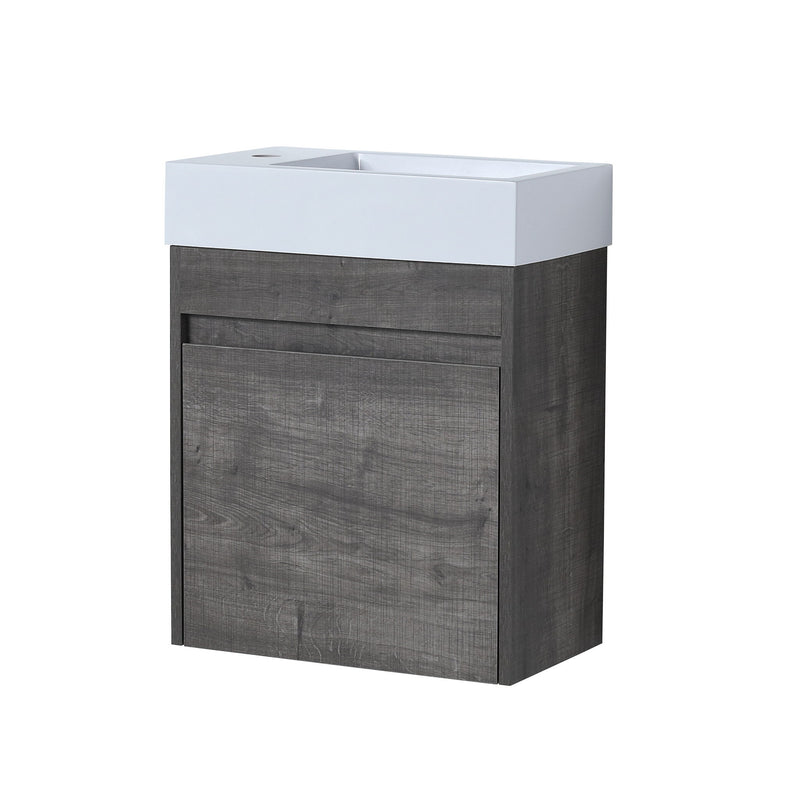 Floating bathroom vanity with soft-close cabinet door, dark gray wood-look front