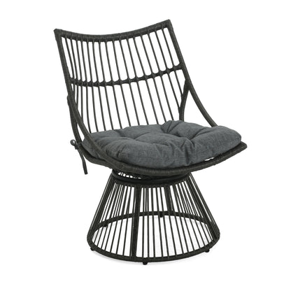 Woven rattan chair with dark frame and dark gray cushioned seat