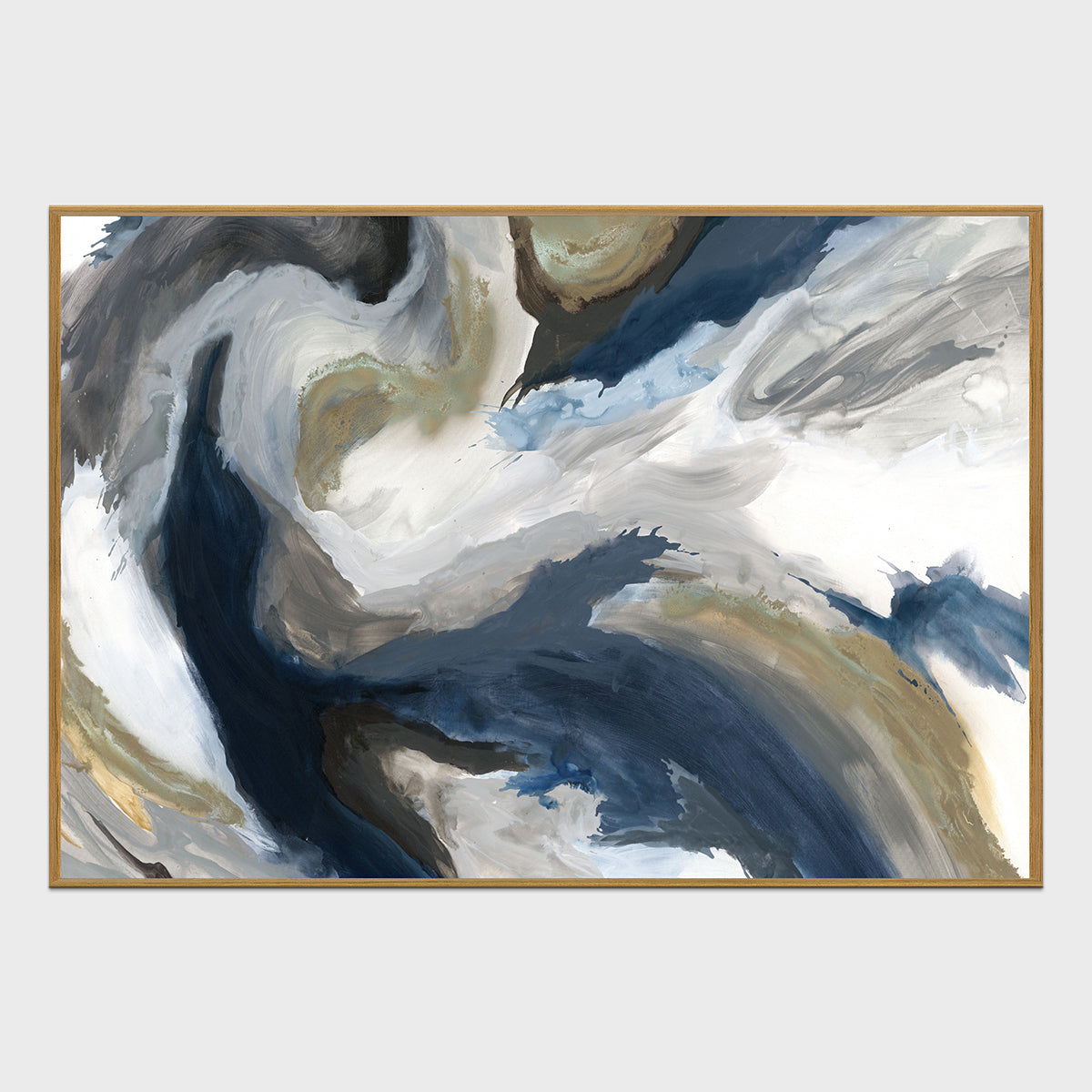 Abstract blue and white brushstroke wall art with gold frame