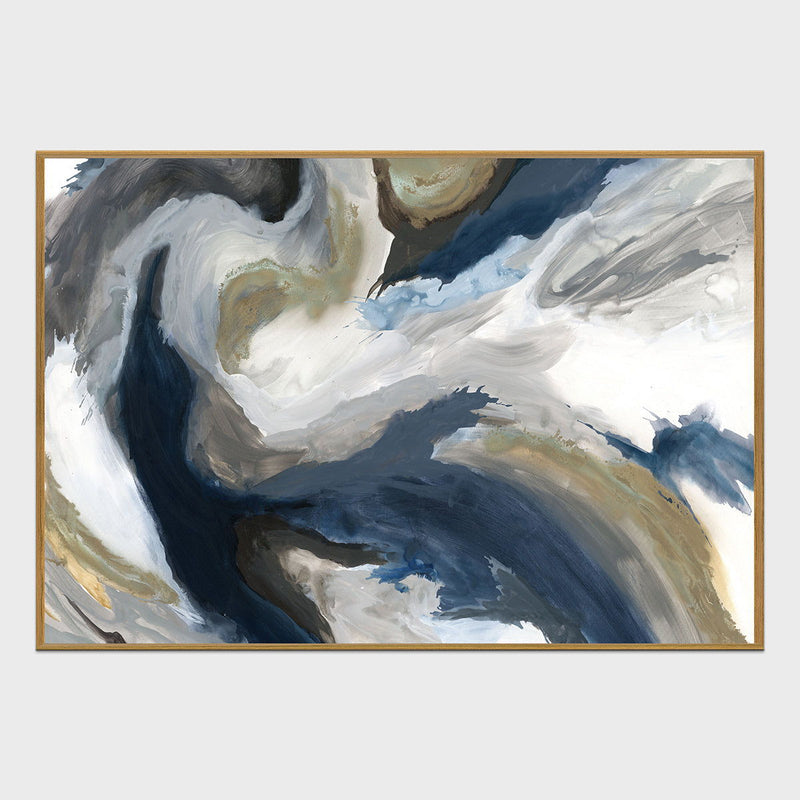 Abstract blue and white brushstroke wall art with gold frame