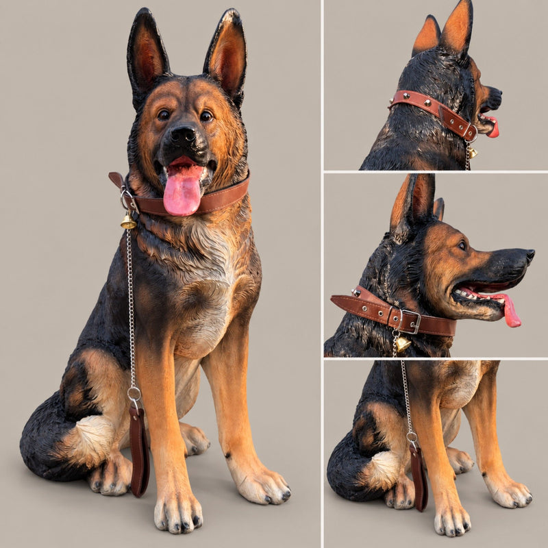 German Shepherd statue shown from the front and side, with collar and leash details