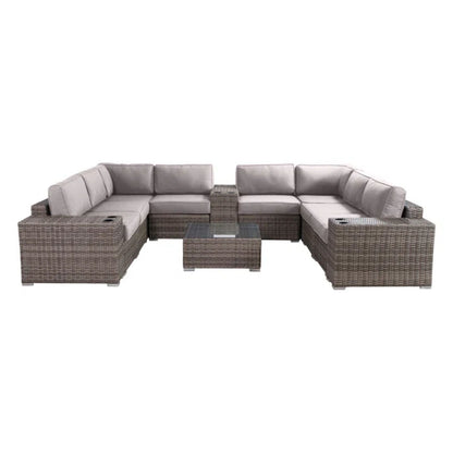 Corner rattan patio sectional set with light gray cushions and glass-topped center table