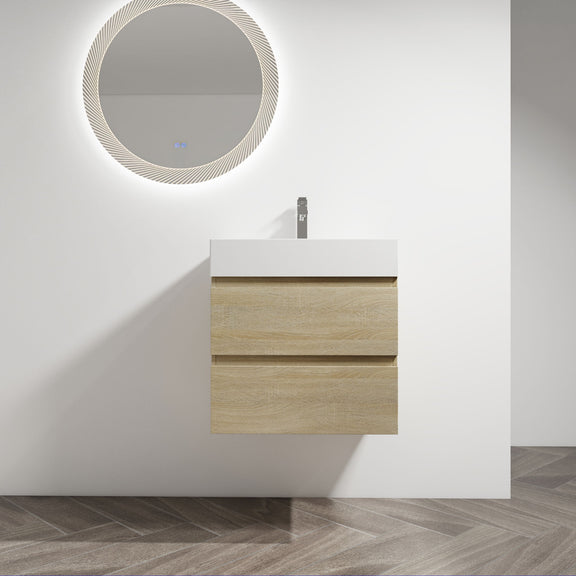 Wall-mounted bathroom vanity with sink, light brown 2 soft-close drawers, white countertop