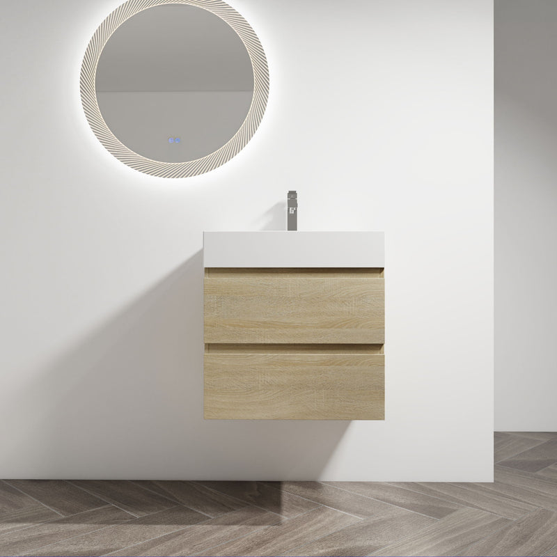 Wall-mounted bathroom vanity with sink, light brown 2 soft-close drawers, white countertop