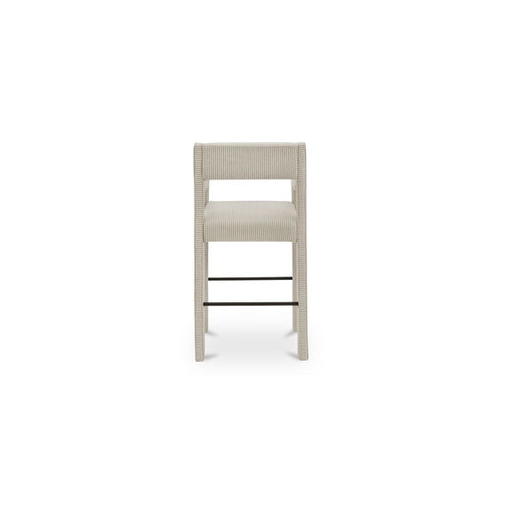 Elise counter stool with open back, striped seat and back, and dual footrests