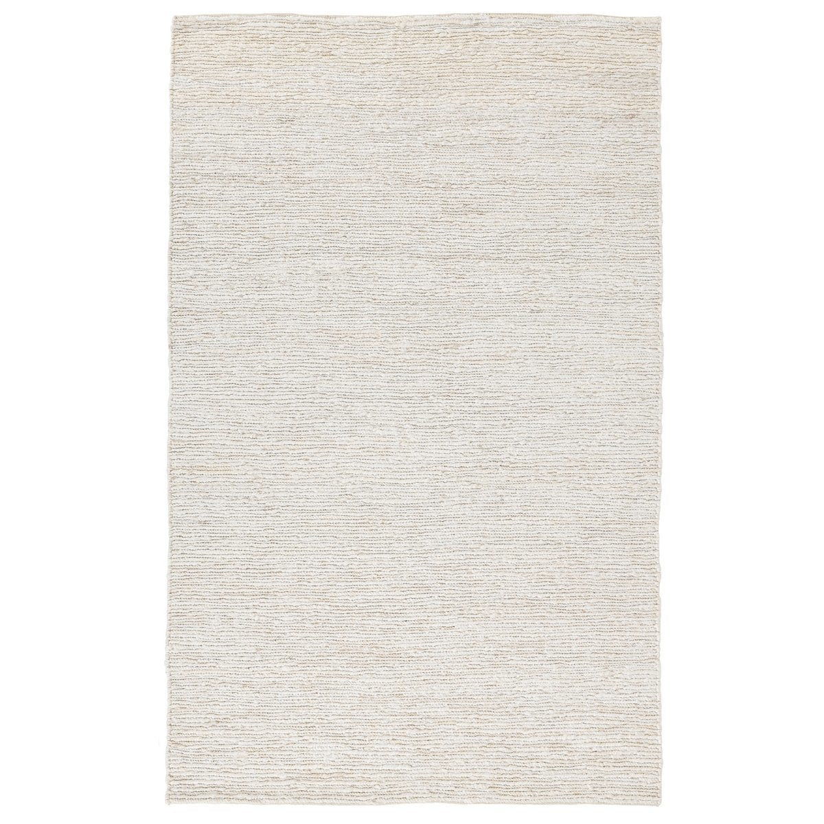 Ivory white jute rug with uniform flatwoven texture and straight fringe trim.