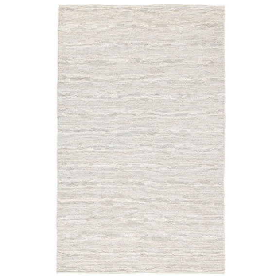 Ivory white jute rug with uniform flatwoven texture and straight fringe trim.