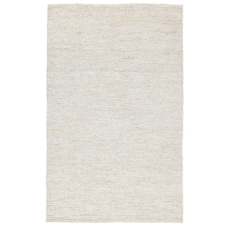 Ivory white jute rug with uniform flatwoven texture and straight fringe trim.