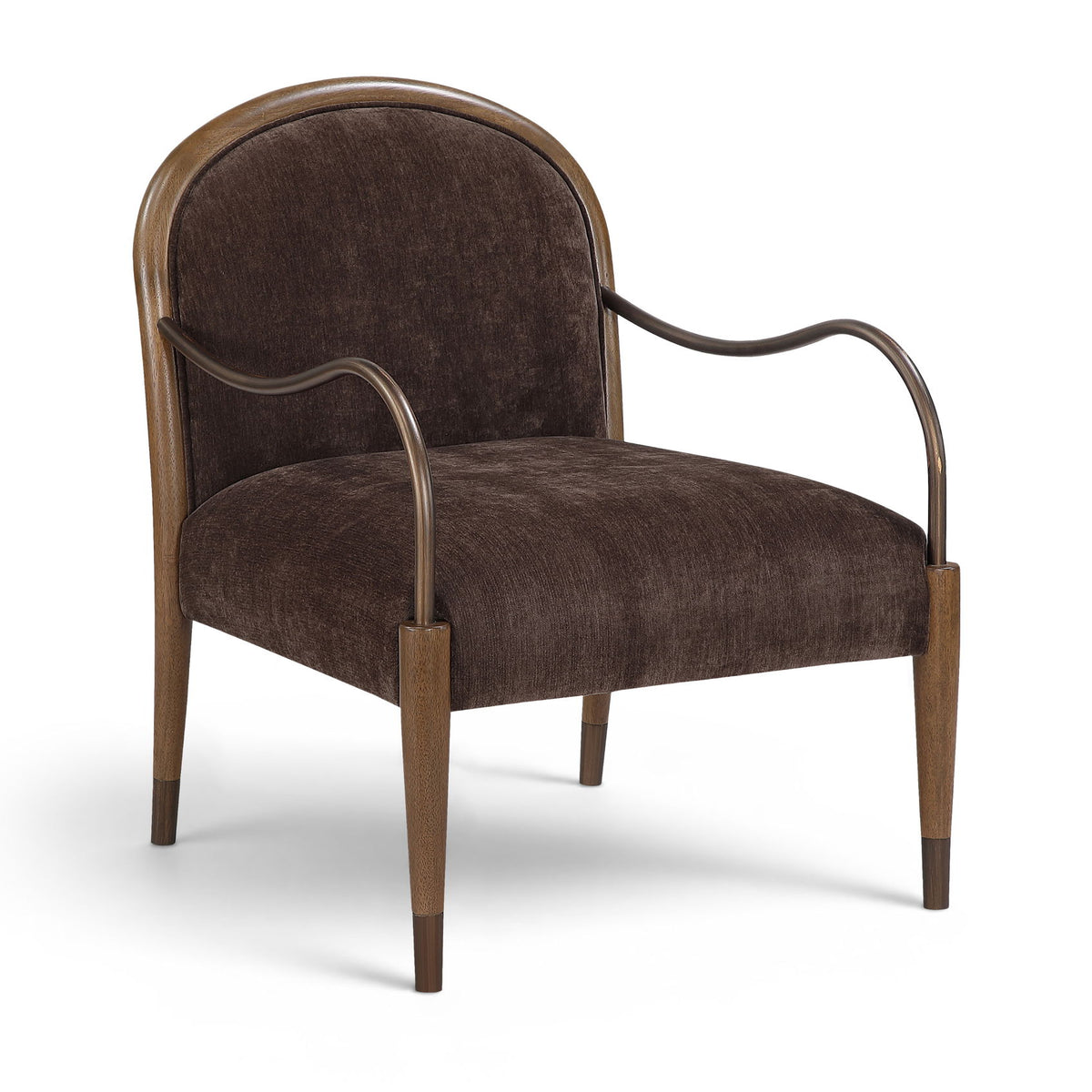 Dark brown fabric-upholstered accent chair with curved metal arms and wooden legs