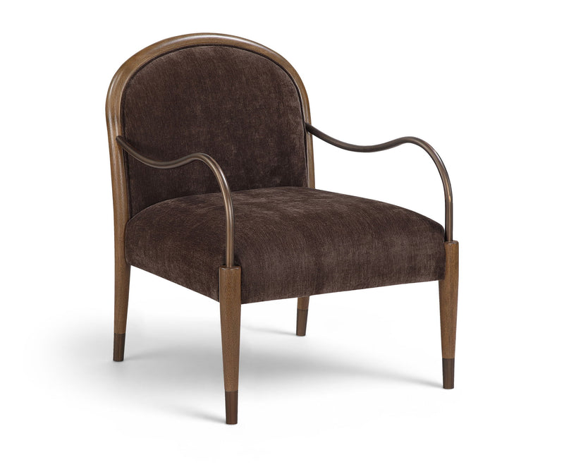 Dark brown fabric-upholstered accent chair with curved metal arms and wooden legs
