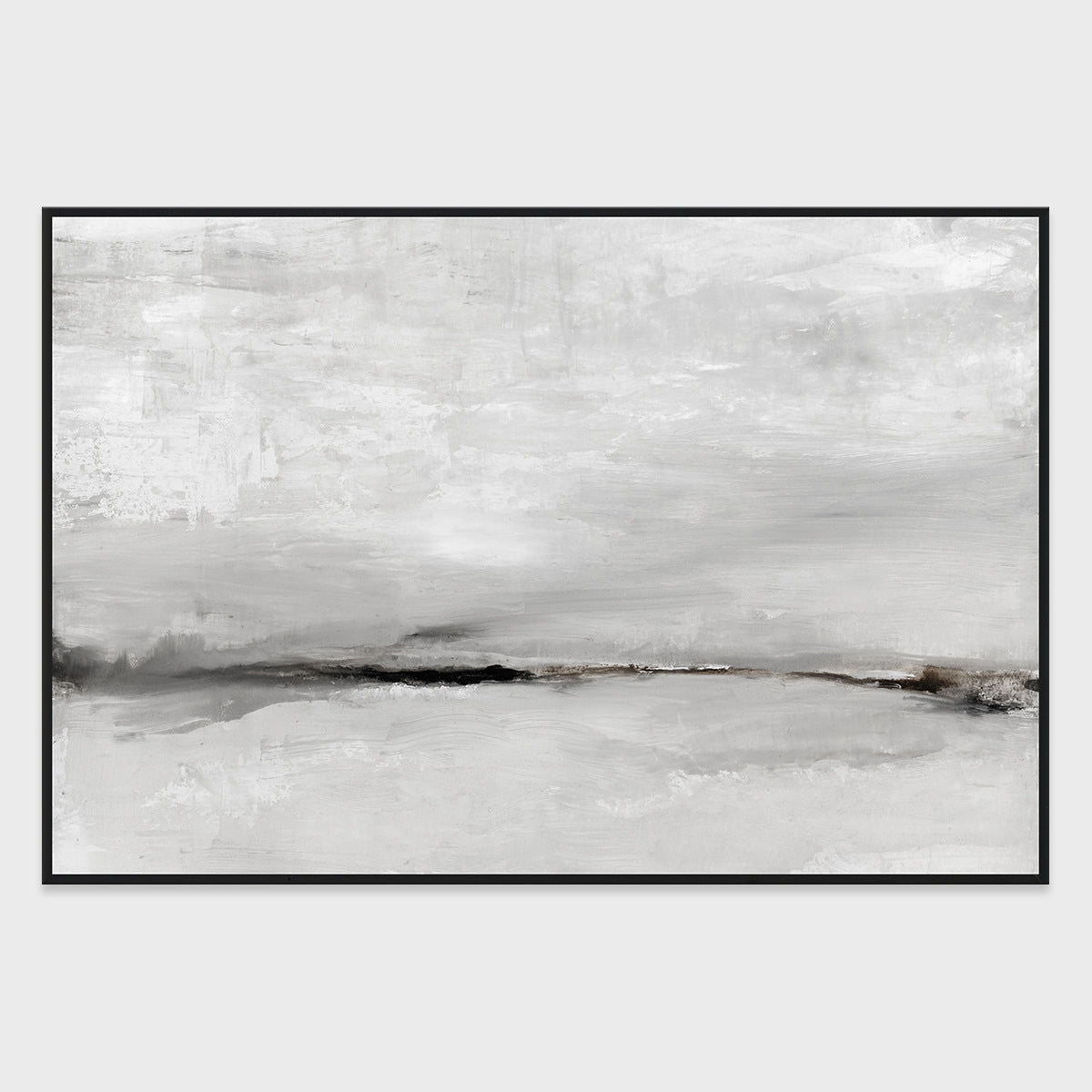 Framed abstract landscape wall painting in light grays with dark border frame